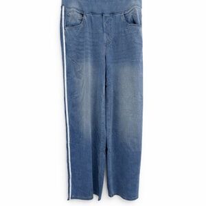 Blue Denim Wide-Leg Pants with White Stripe